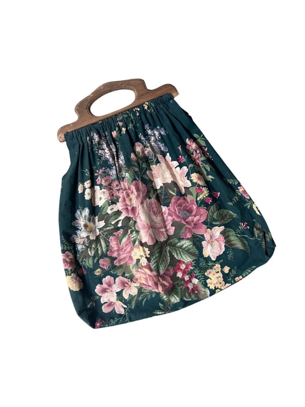 Vintage Floral Fabric Bag Handmade 1940s Wooden Handles Green Pink Rose Flowers